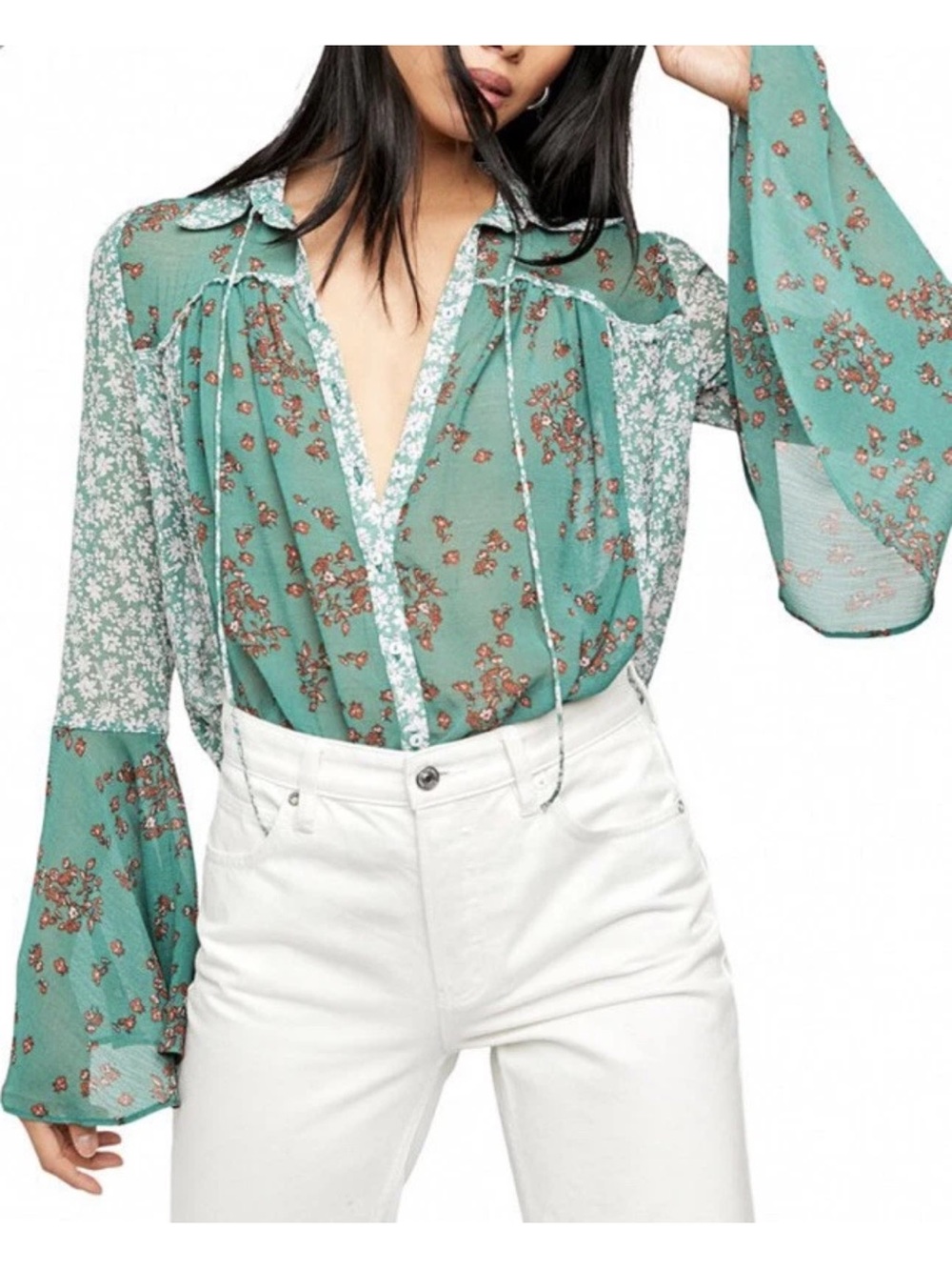 Serena bell sleeve Floral Tie-Front V-Neck Blouse in Teal Green